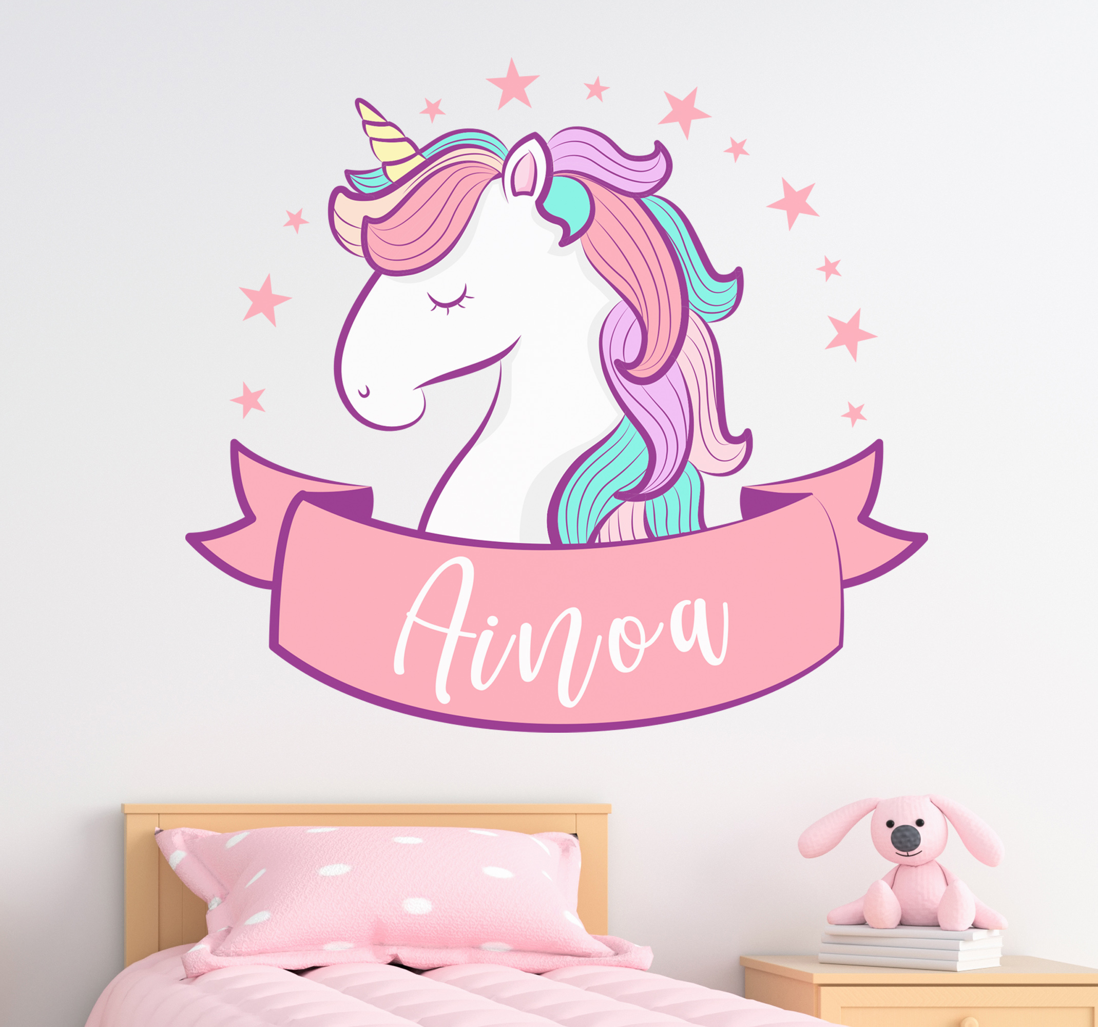Tenstickers Roze eenhoorn met naam illustratie muursticker