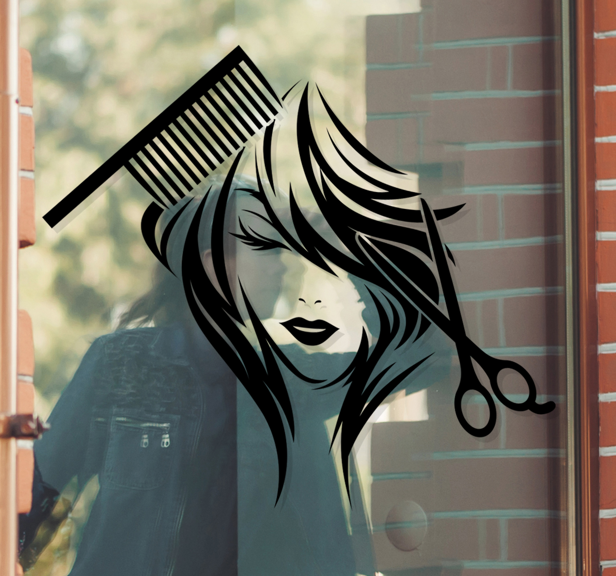 Schönheitssalon Schere und Kamm Fenster Sticker