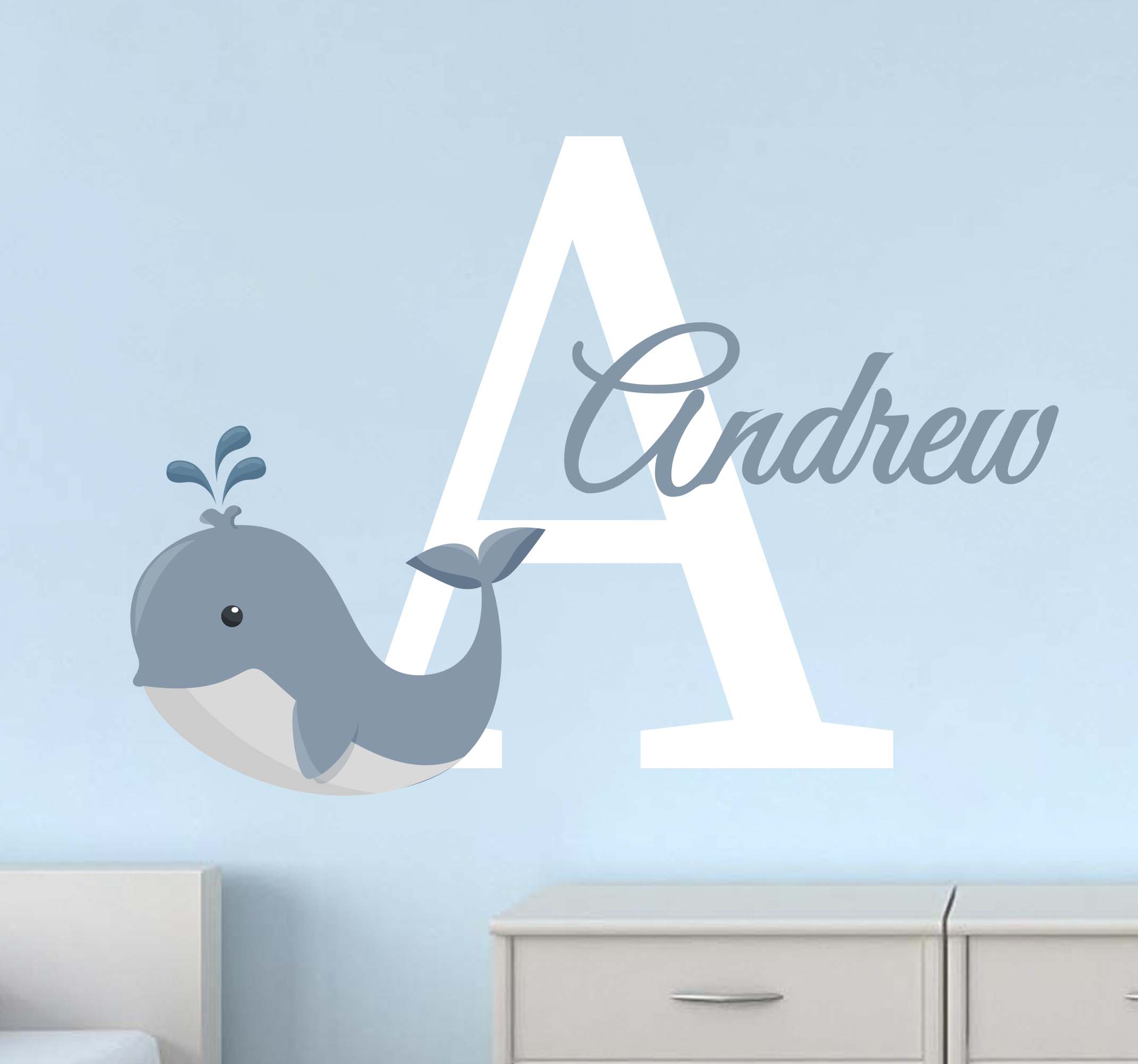 Tenstickers Muursticker kinderkamer met naam en walvis