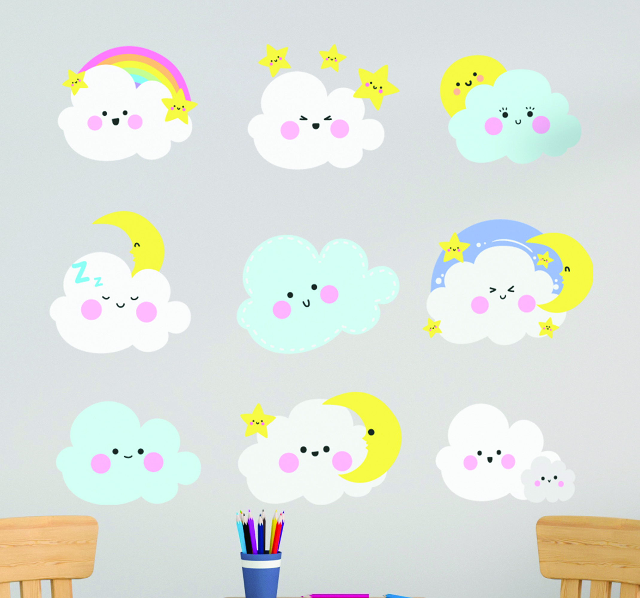 Tenstickers Set van 9 muurstickers Witte en blauwe wolken