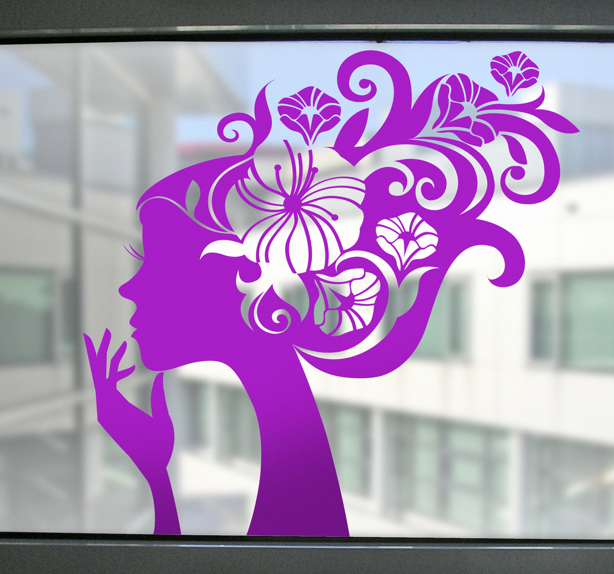 Tenstickers Etalage sticker vrouw haren bloemen