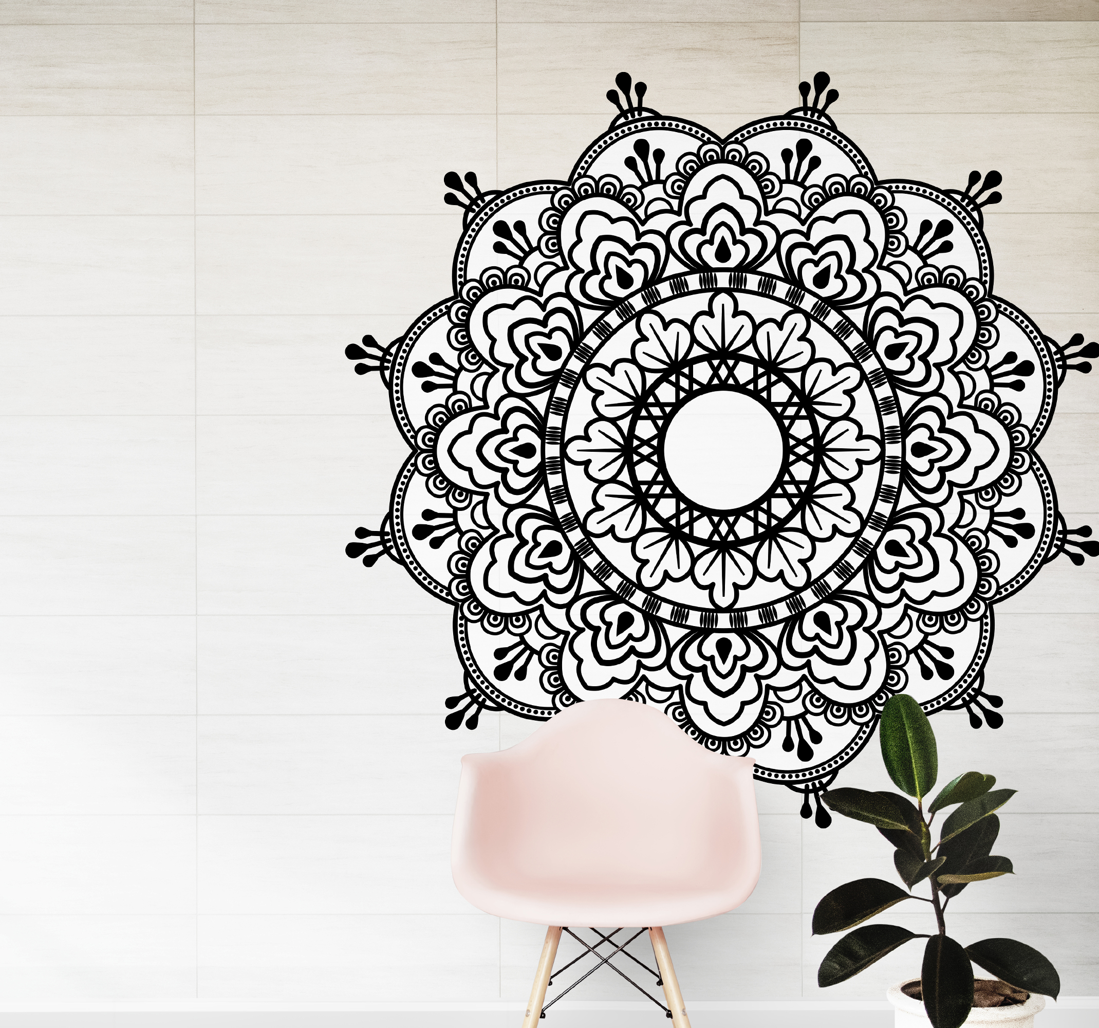 Tenstickers Muurstickers bloemenpatroon Mandala zwart en wit