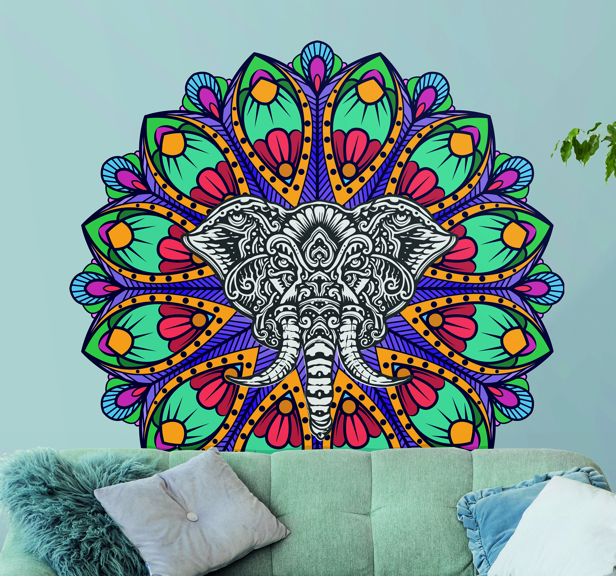 Tenstickers Stickers bloemenpatroon Kleurrijke olifant mandala