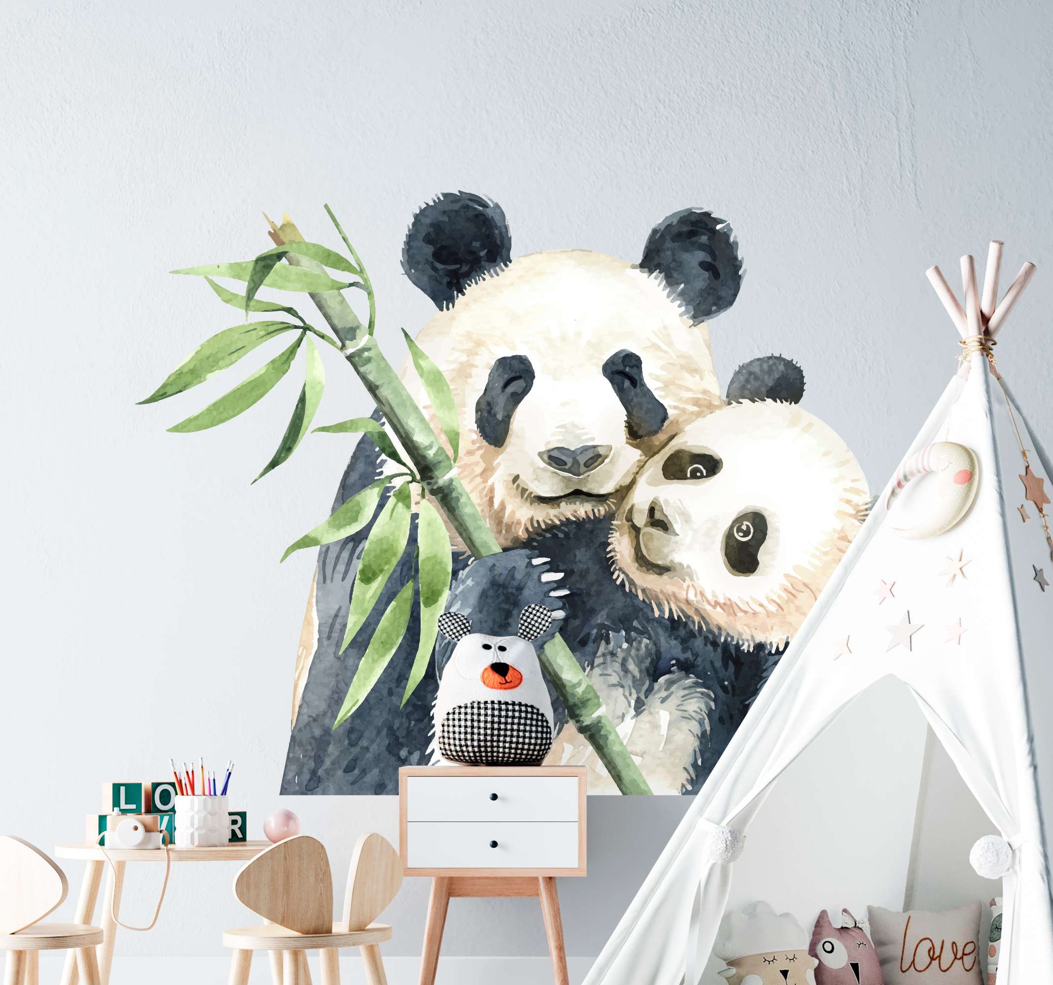 Tenstickers Muursticker kinderkamer dieren panda's met bamboe