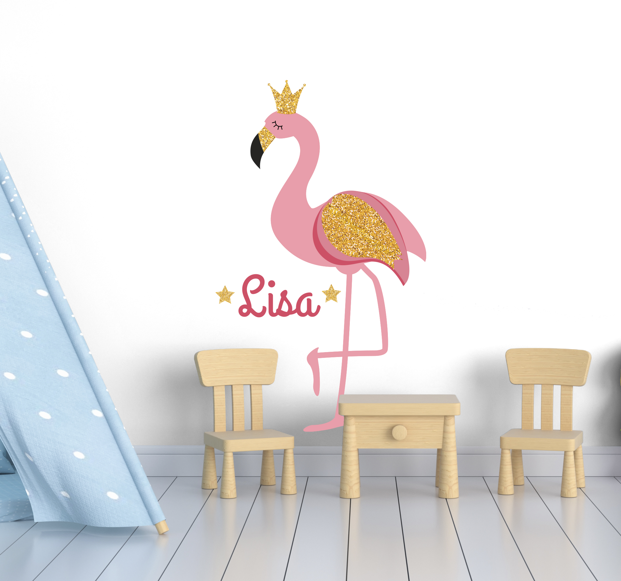 Tenstickers Muursticker kinderkamer flamingo met naam