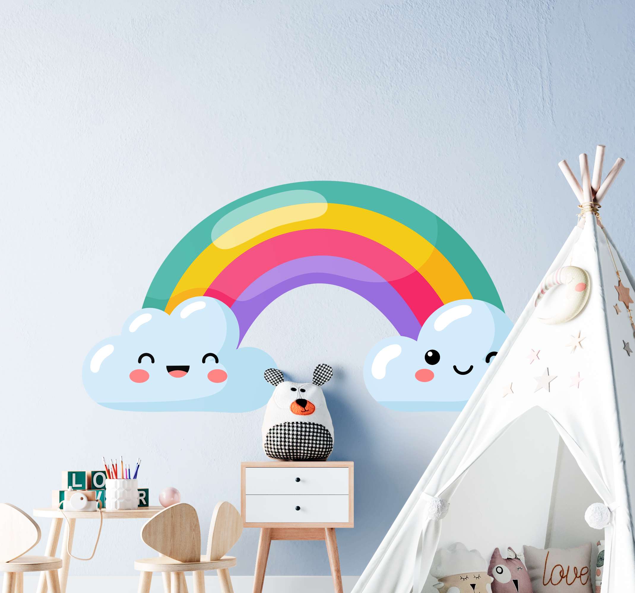 Tenstickers Muurstickers tekeningen Regenboog met vrolijke wolken