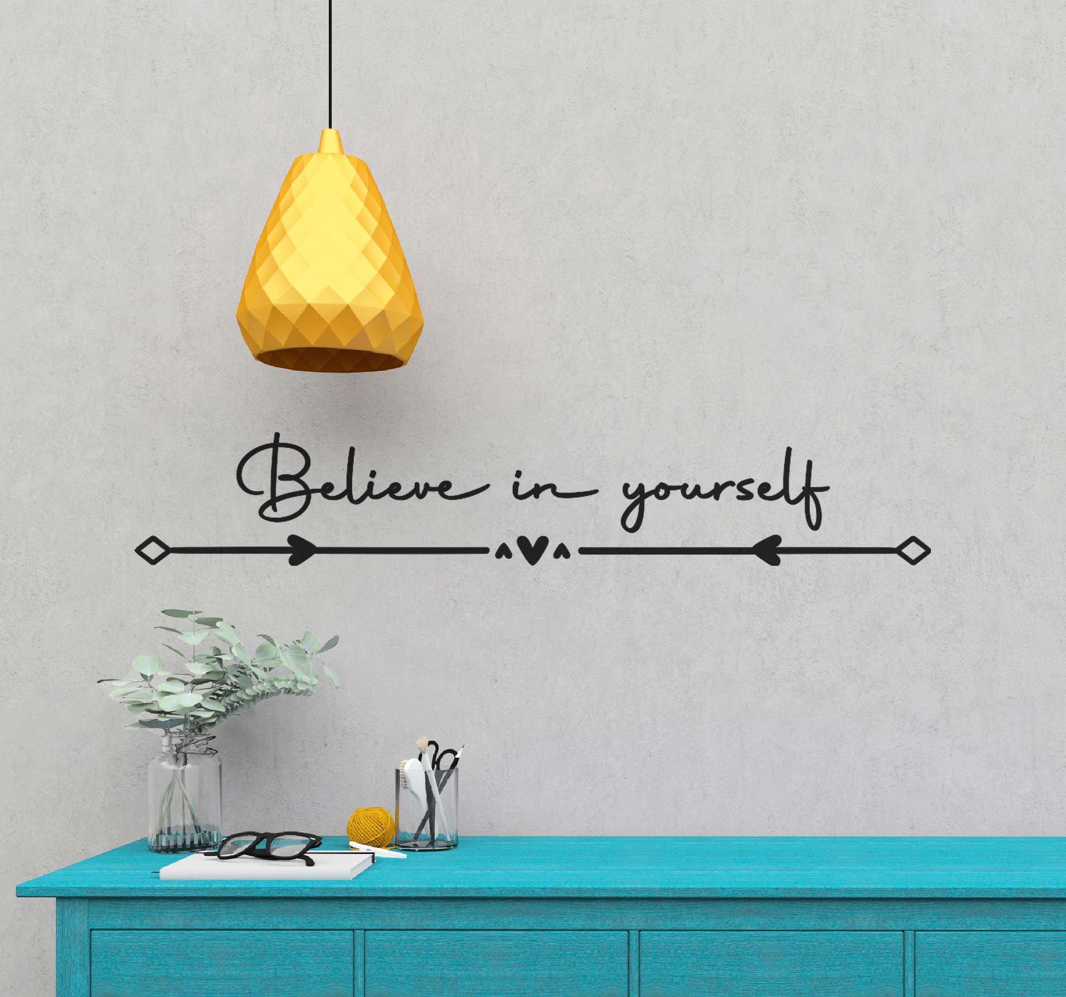 Tekst sticker believe in yourself met pijl