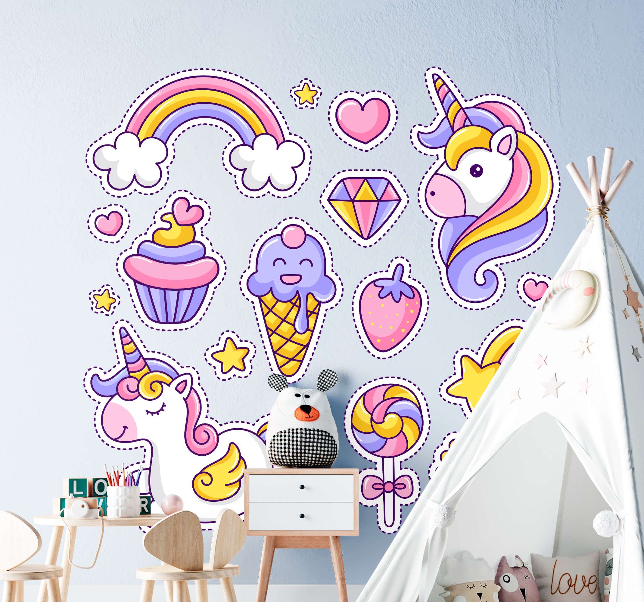 Tenstickers Muurstickers eenhoorn en regenboog met snoepjes