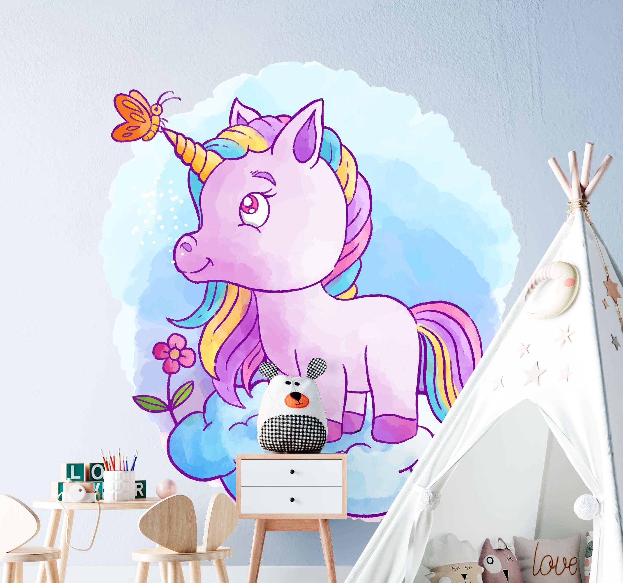 Tenstickers Stickers bioscoop Eenhoorn met vlinder en regenboog