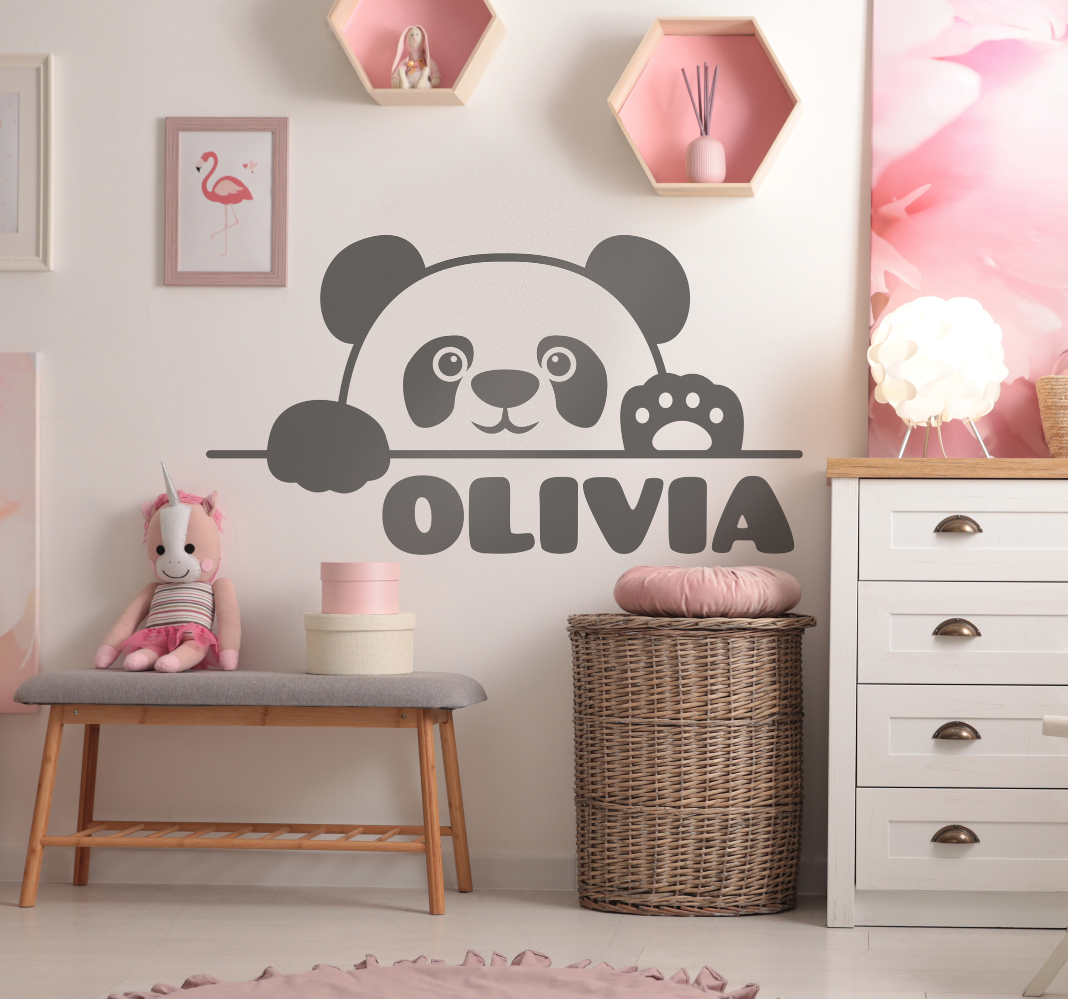 Tenstickers Muursticker kinderkamer dieren met babypanda met naam