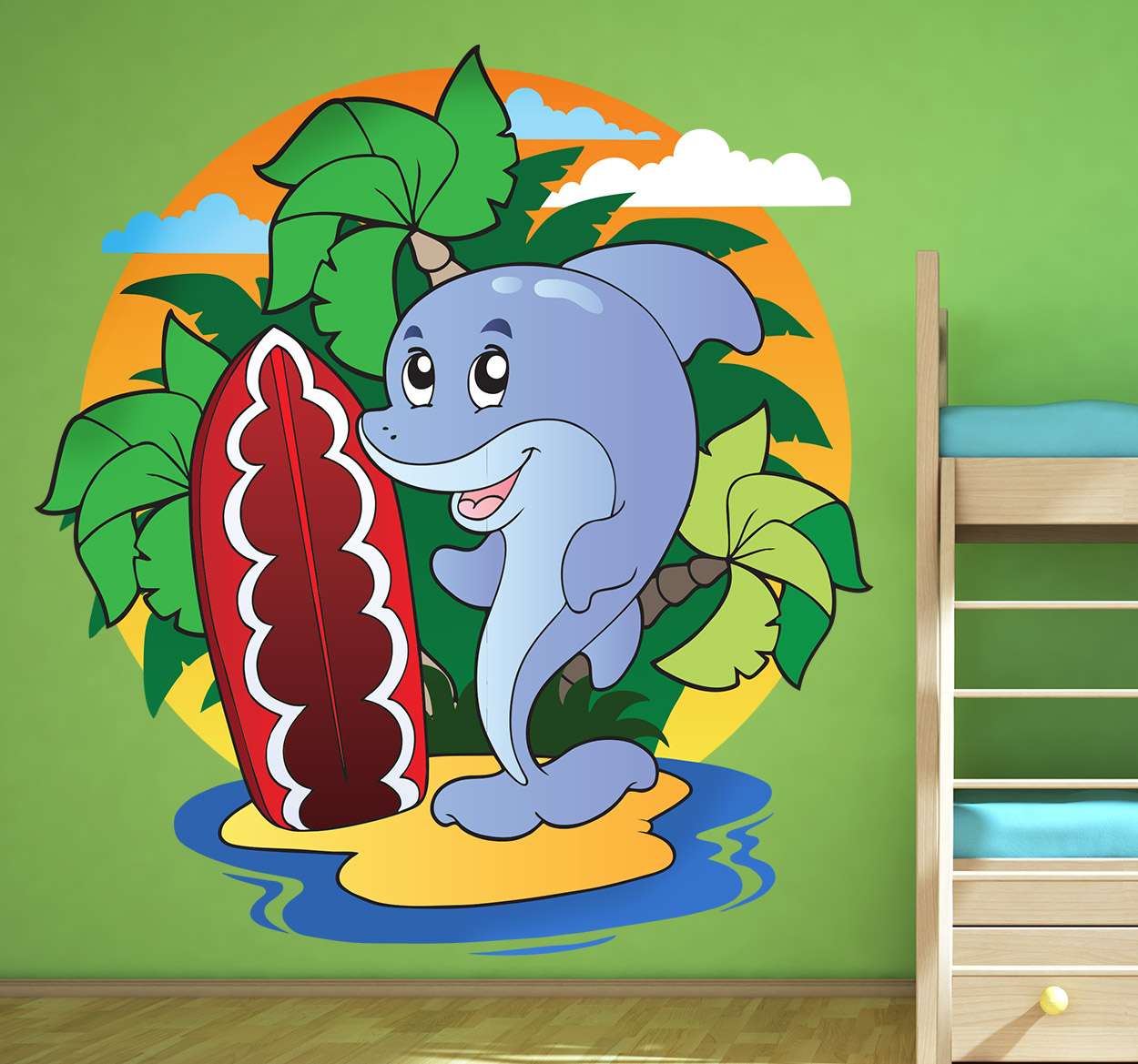 Tenstickers Sticker kinderkamer dolfijn surfen