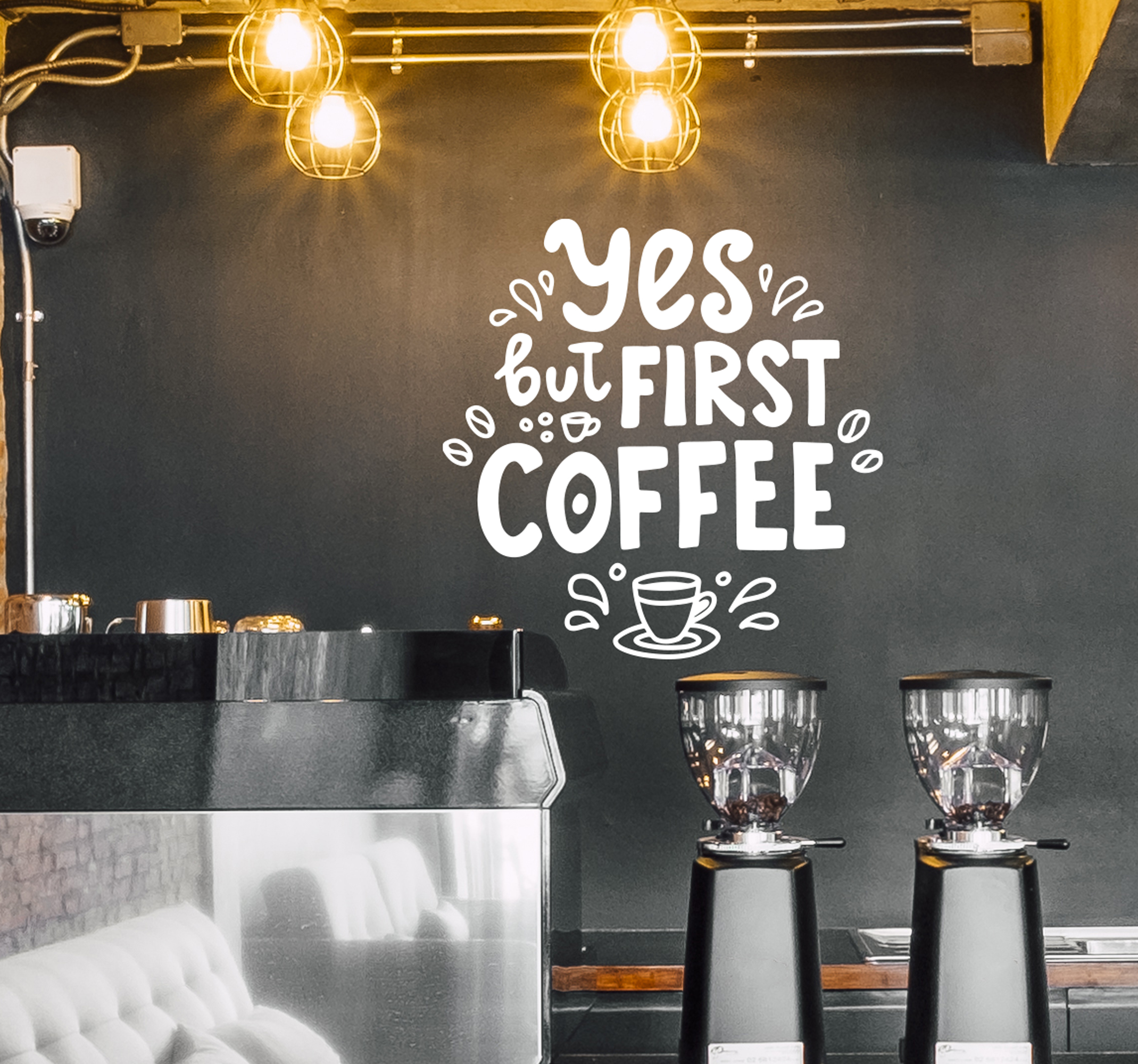 Tenstickers Tekst muursticker eerste koffie drinken