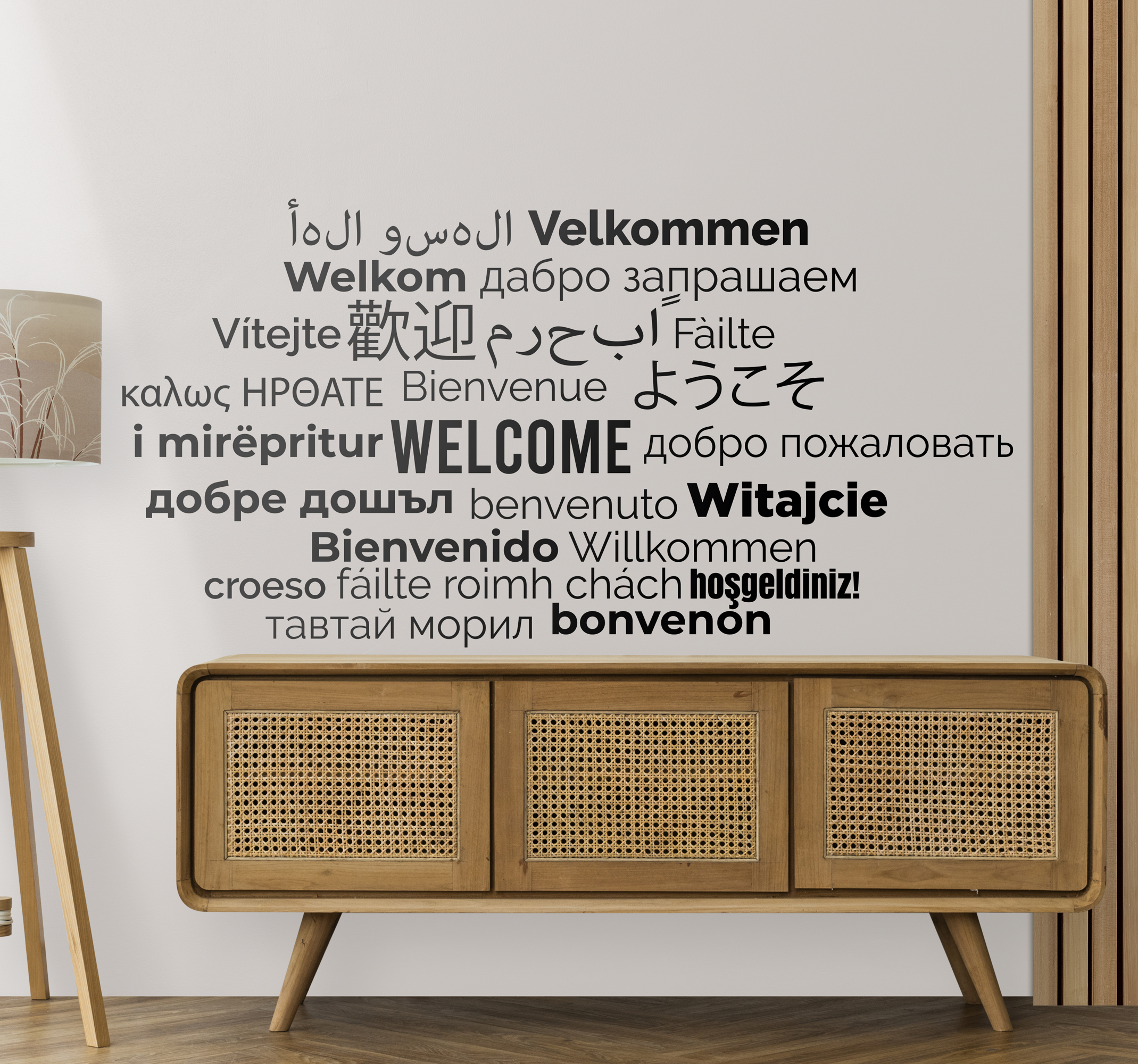 Tenstickers Muursticker woonkamer tekst Welkom in alle talen