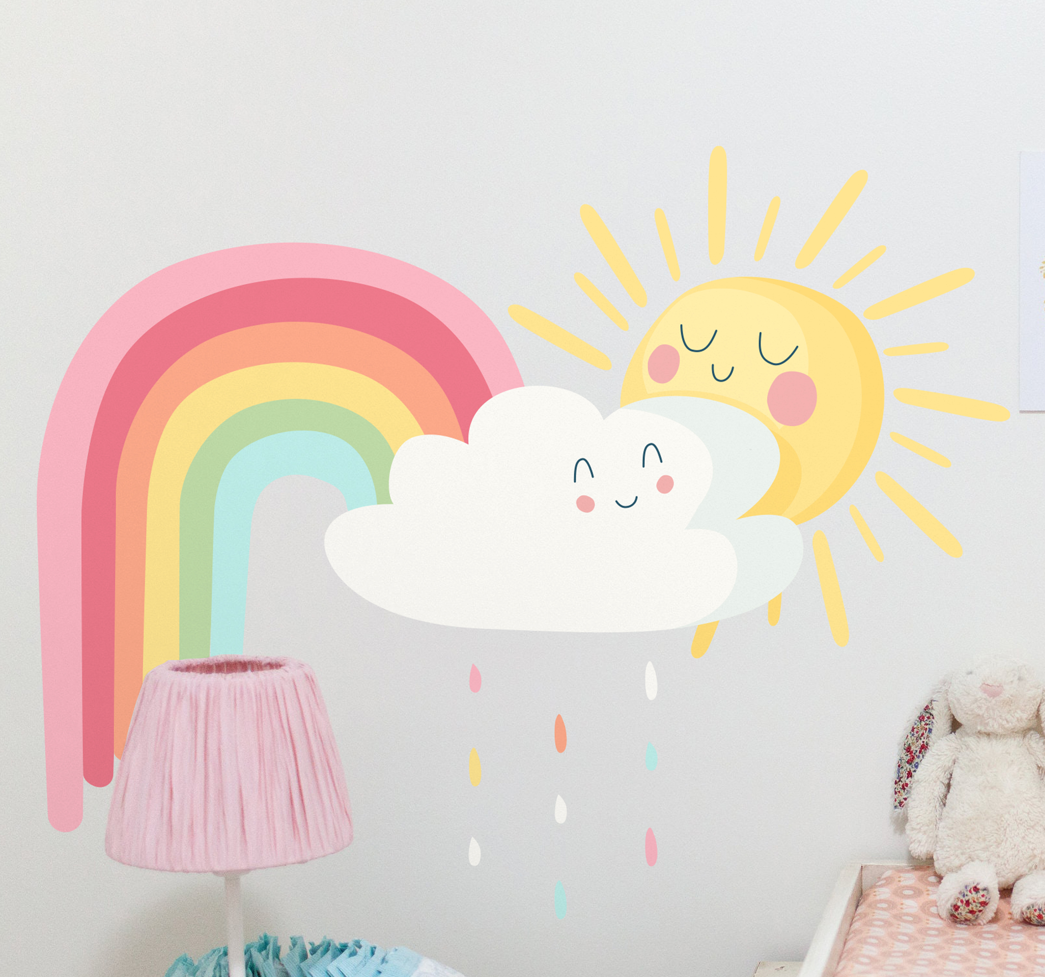 Tekenfilm stickers Gelukkige zon en wolken met regenboog