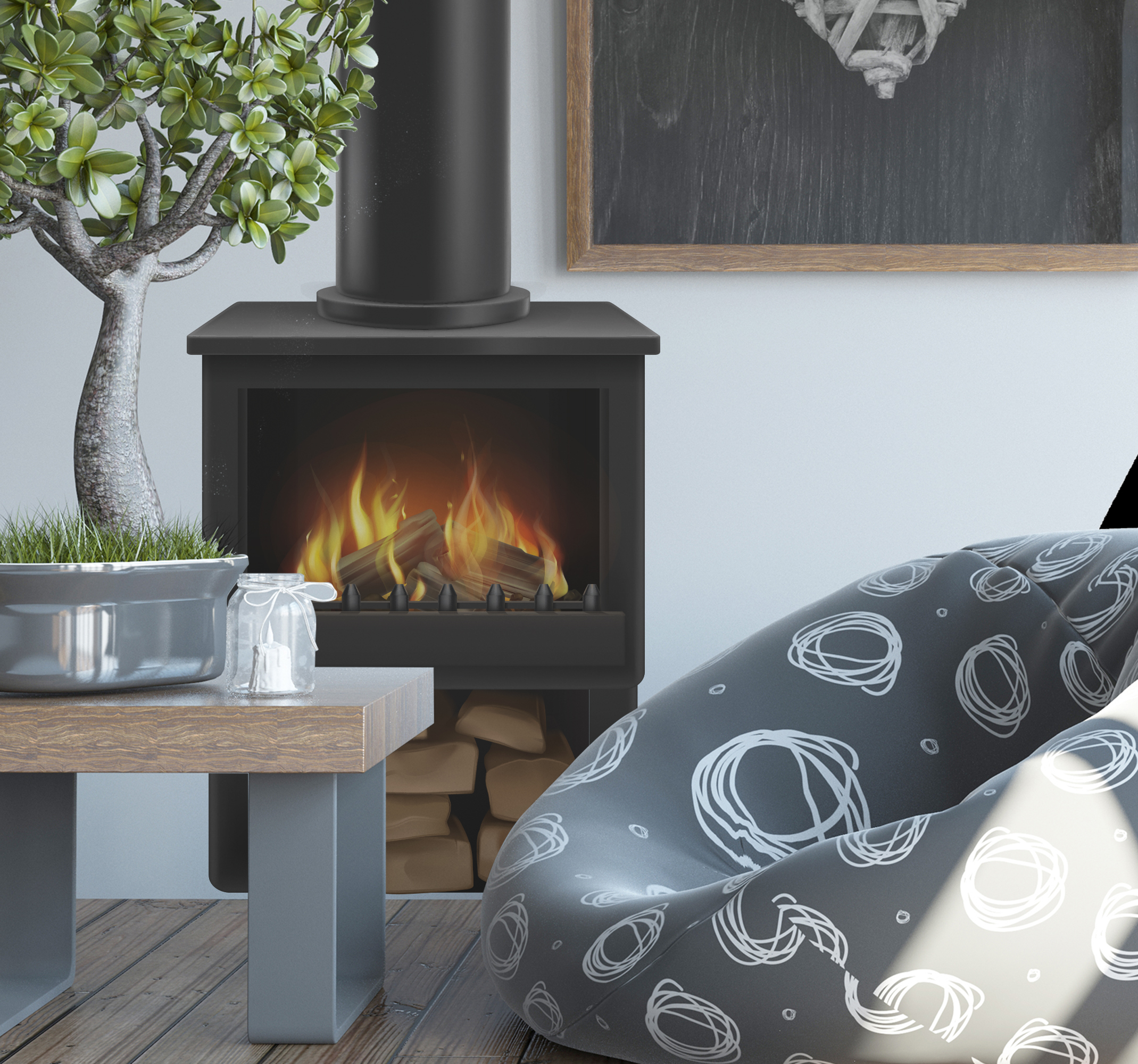 Tenstickers Muurstickers objecten Open haard houtkachel