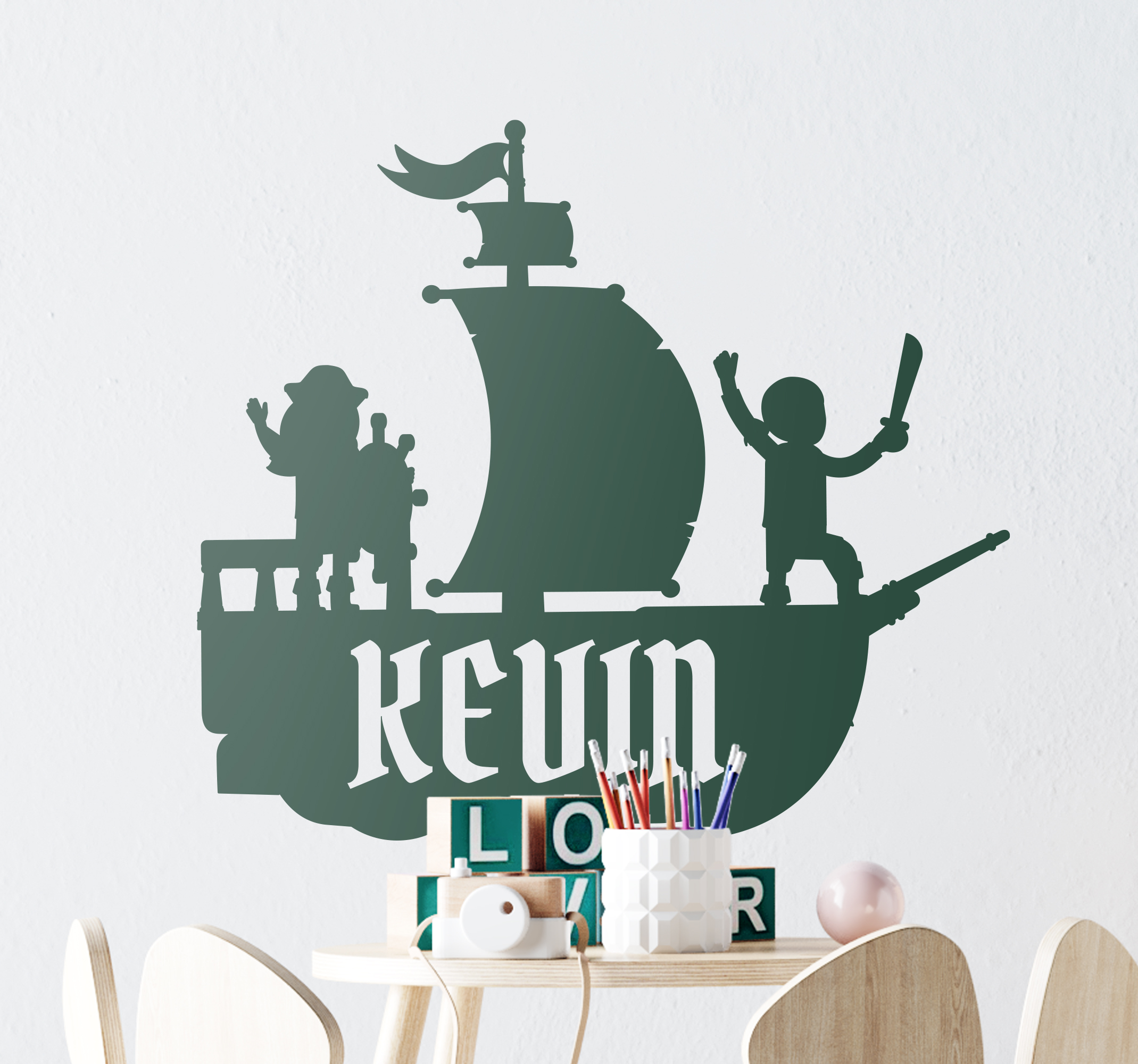 Tenstickers Muurstickers tekeningen Piratenschip met naam