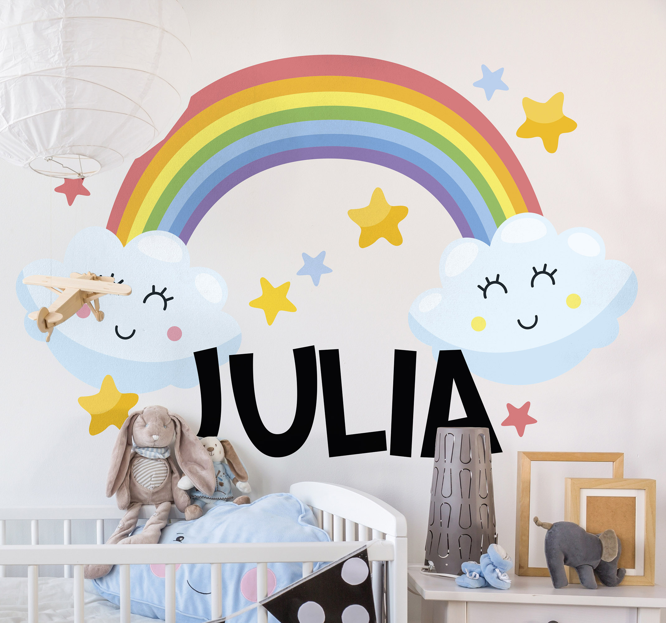 Tenstickers Muurstickers tekeningen Regenboog met sterren grote wolk