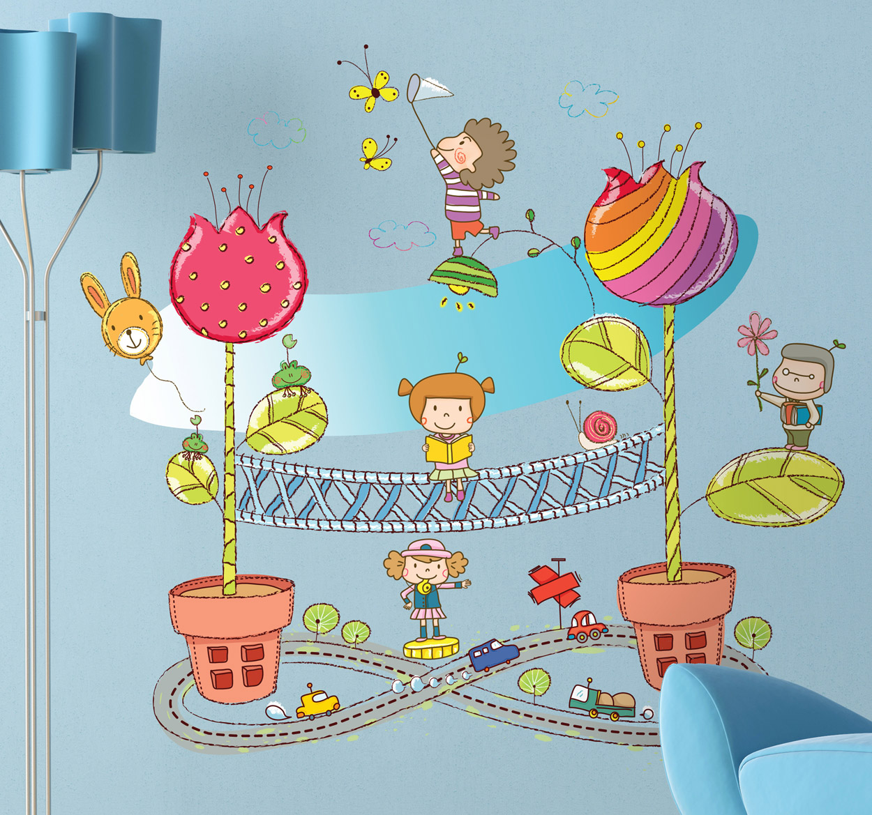 Tenstickers Sticker kinderen bloemen stad