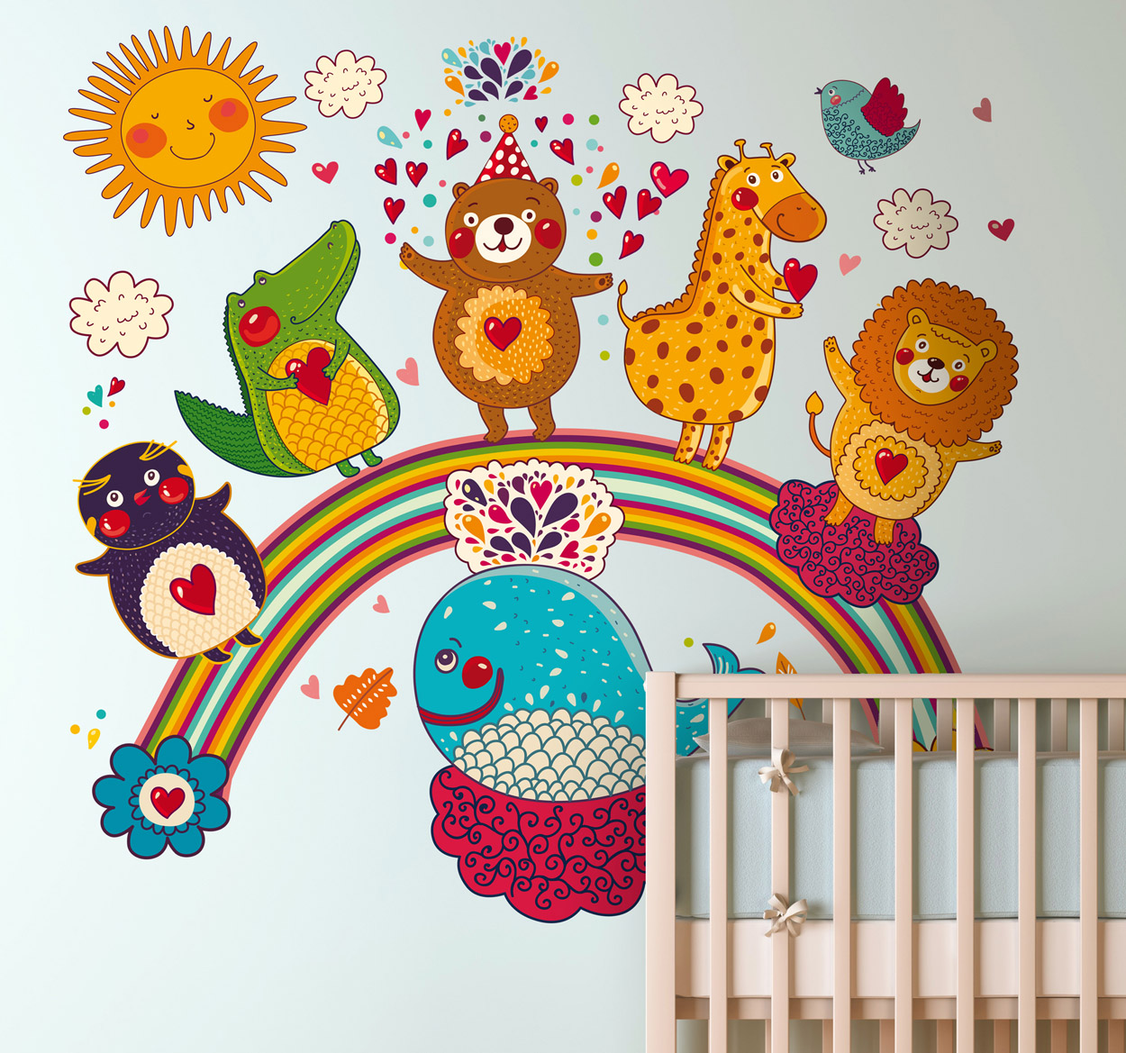 Tenstickers Sticker kinderkamer dieren op regenboog