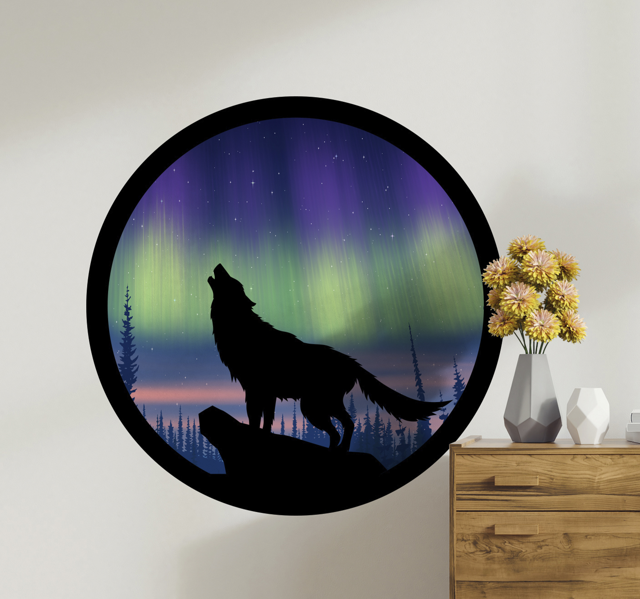 Tenstickers Wilde dieren stickers Wolve die in noordse lichten huilt