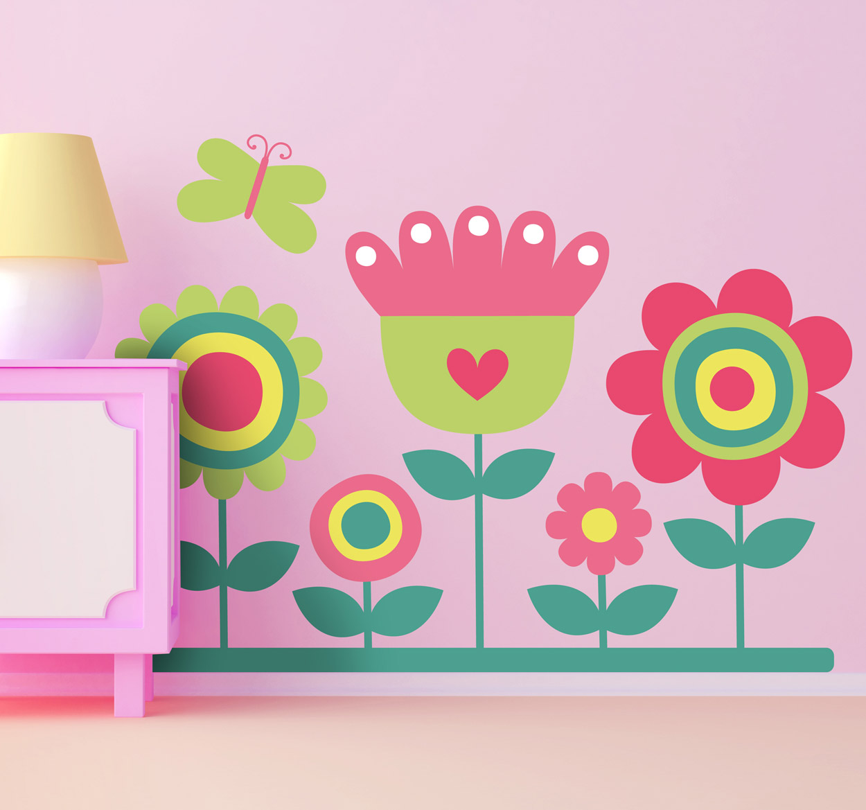 Tenstickers Sticker kinderkamer bloemen en groene vlinder