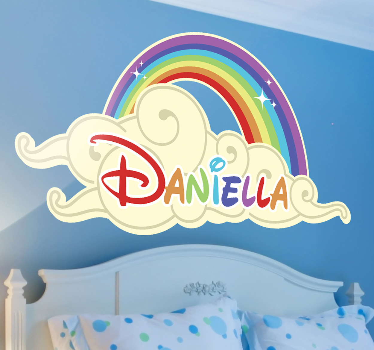 Tenstickers Muursticker kinderkamer regenboog wolk met naam