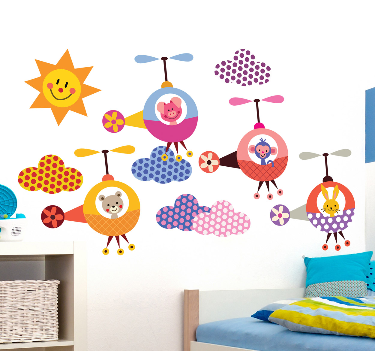 Sticker kinderkamer dieren helicopters