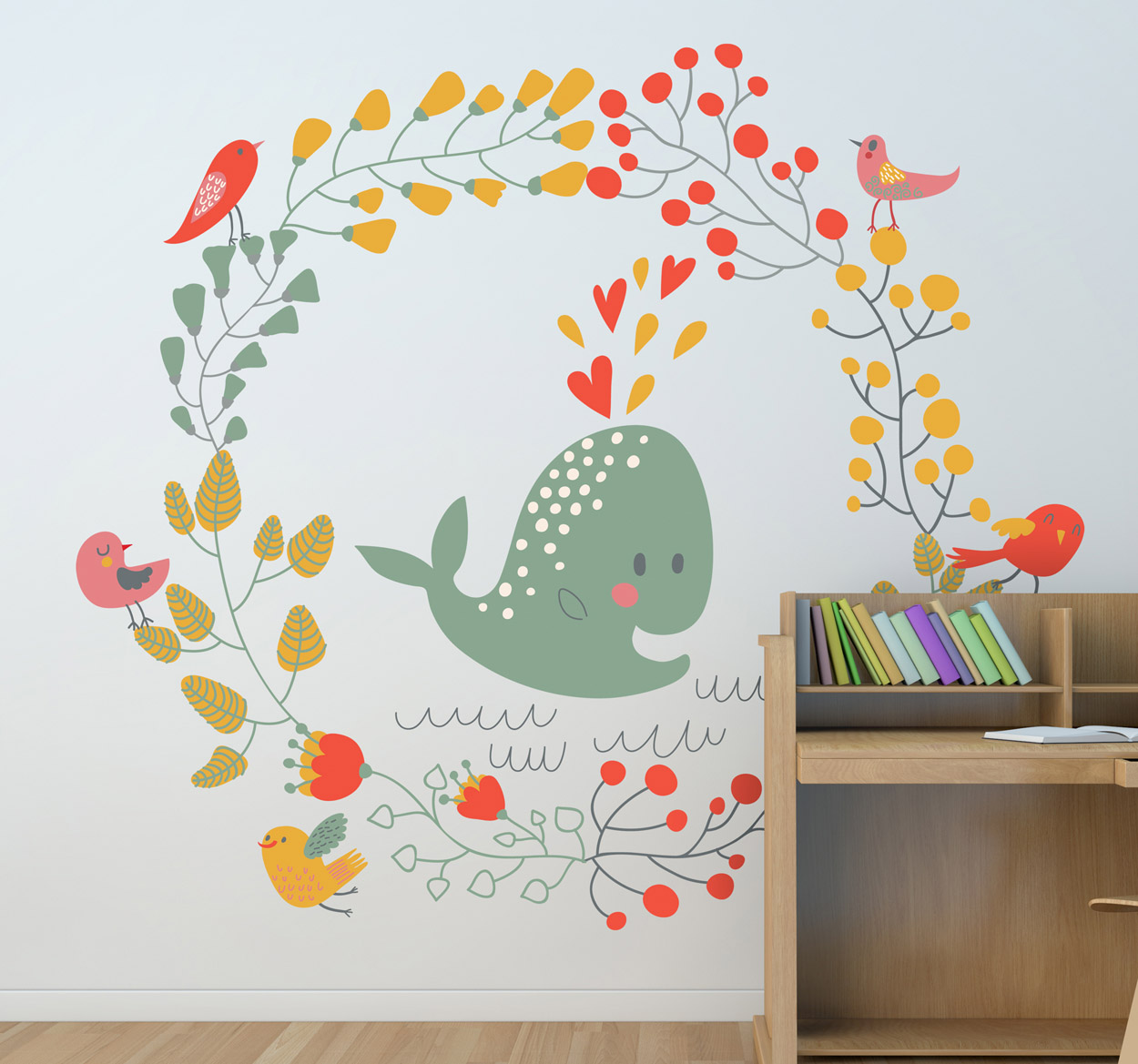 Tenstickers Sticker kinderkamer walvis en vogels