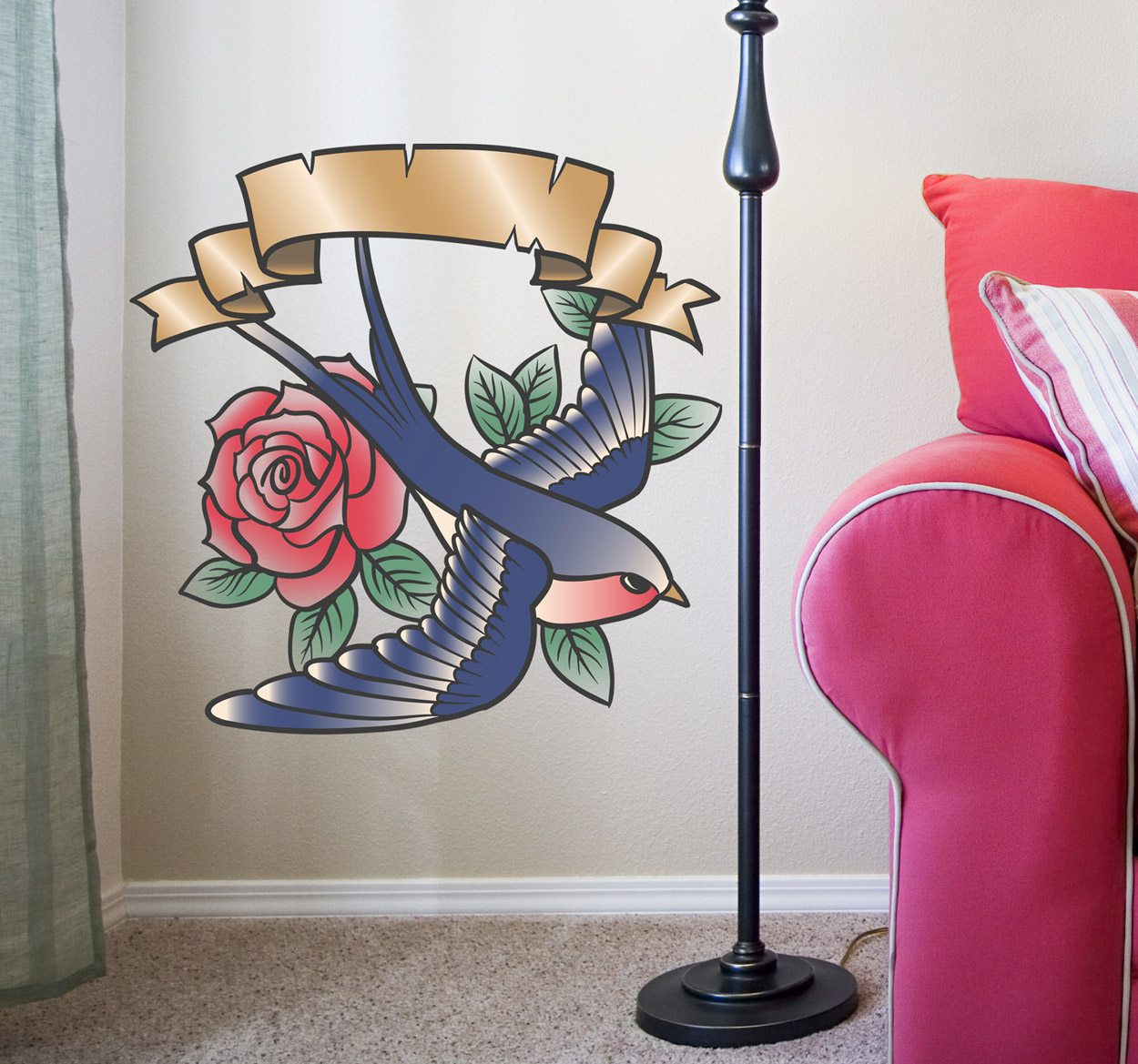 Sticker decorativo tatuaggio rondine e rosa