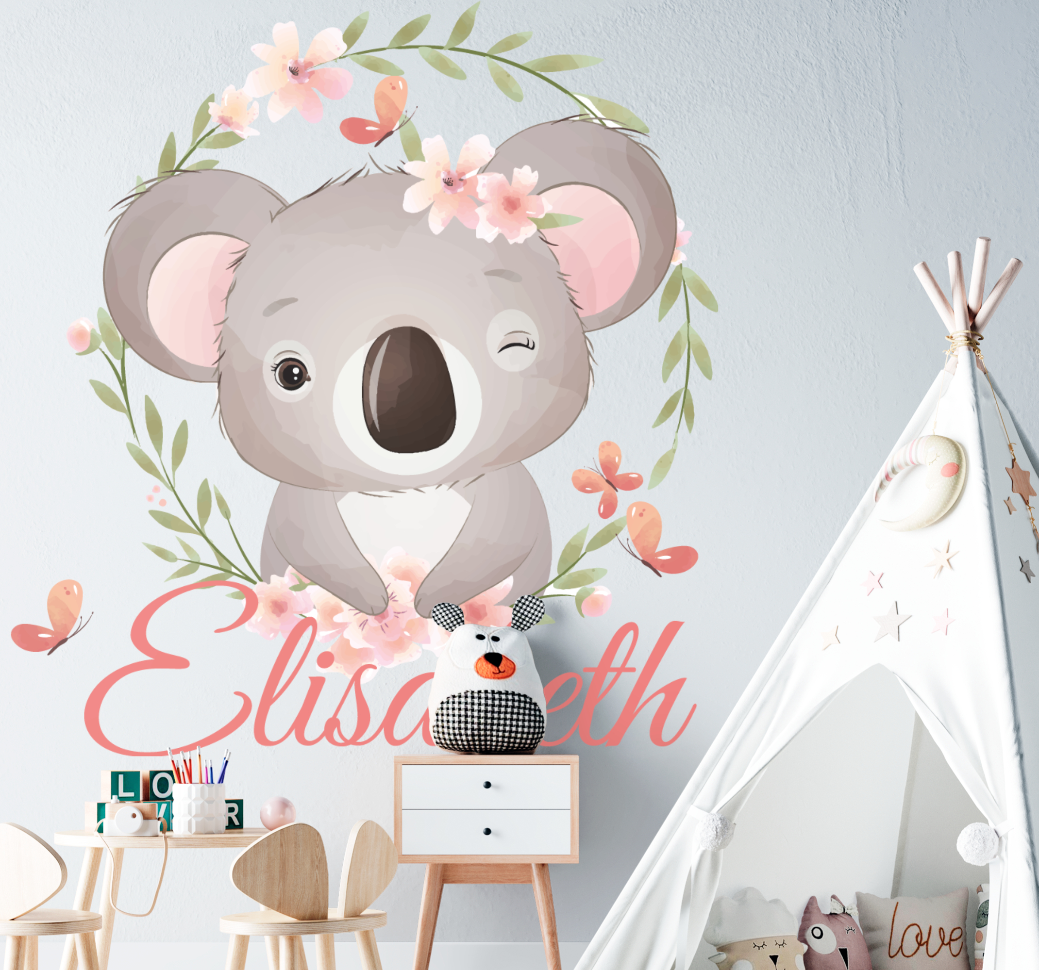 Tenstickers Muursticker kinderkamer koala met naam roze