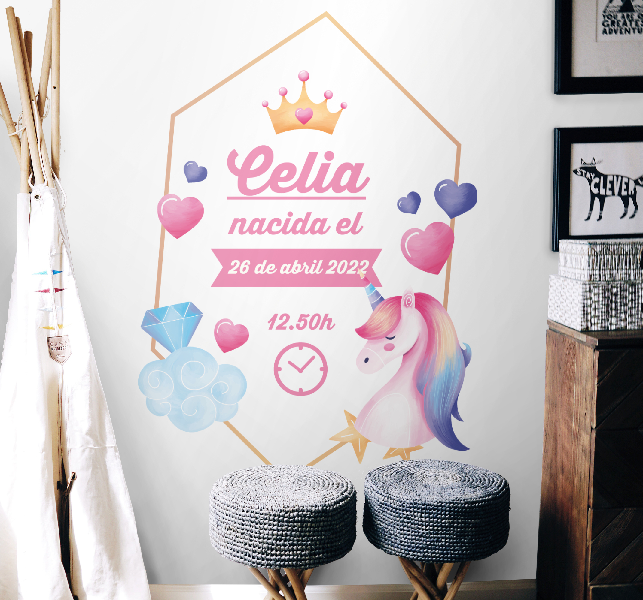 Tenstickers Muursticker kinderkamer prinses met geboorte-informatie