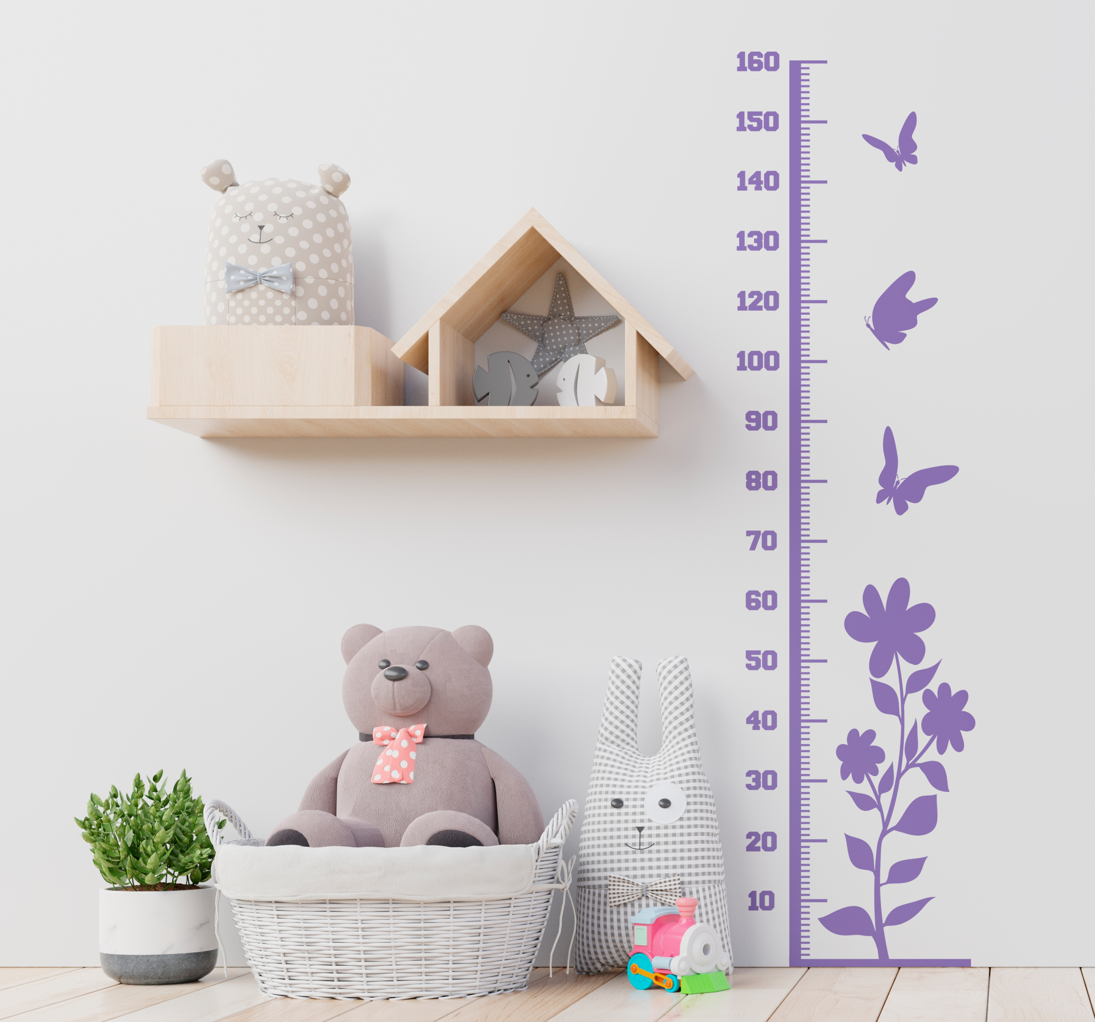 Tenstickers Bloemen muursticker kinder meetlat vlinders