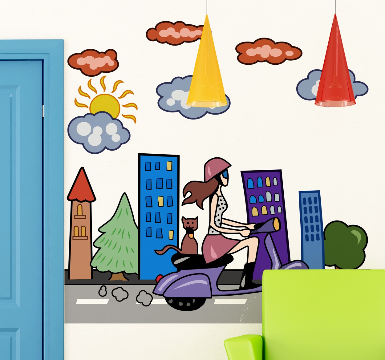 Wall sticker bambini donna con lo scooter