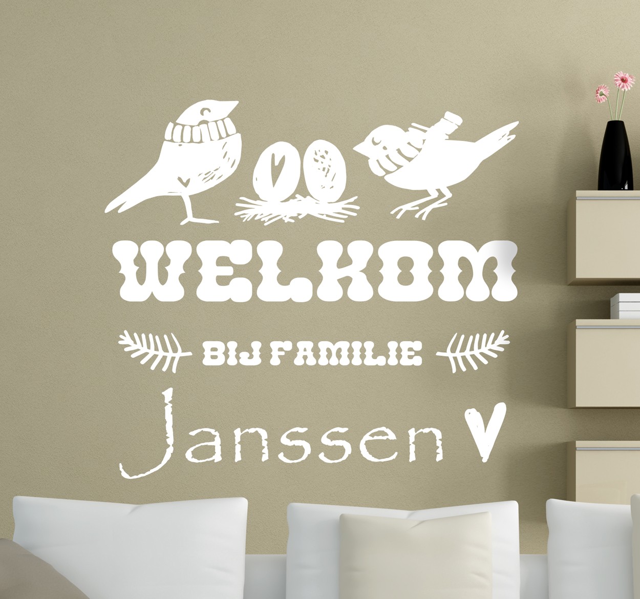 Vogel muursticker woonkamer met welkom tekst