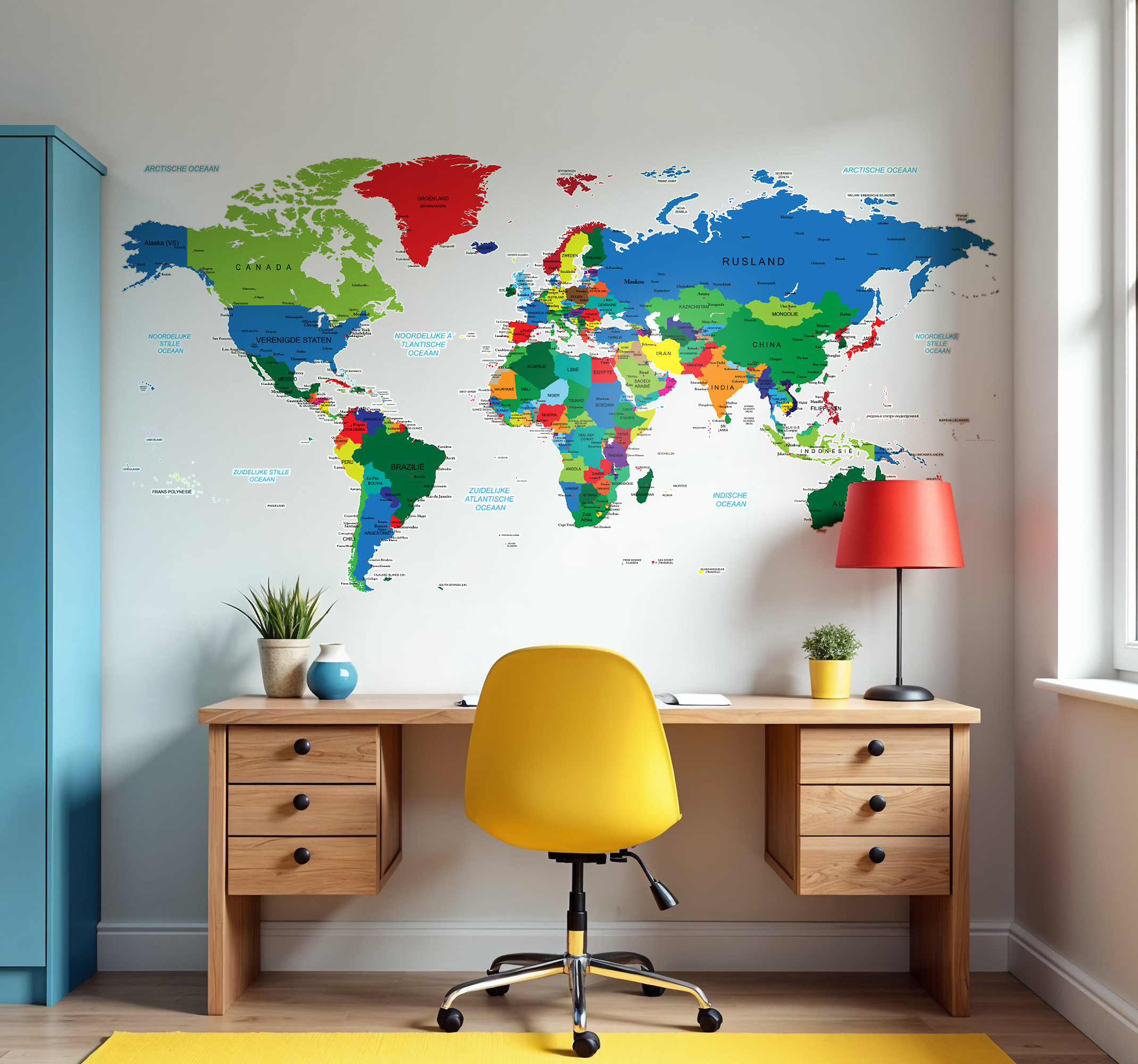 Tenstickers Kleurrijke wereldkaart muursticker woonkamer