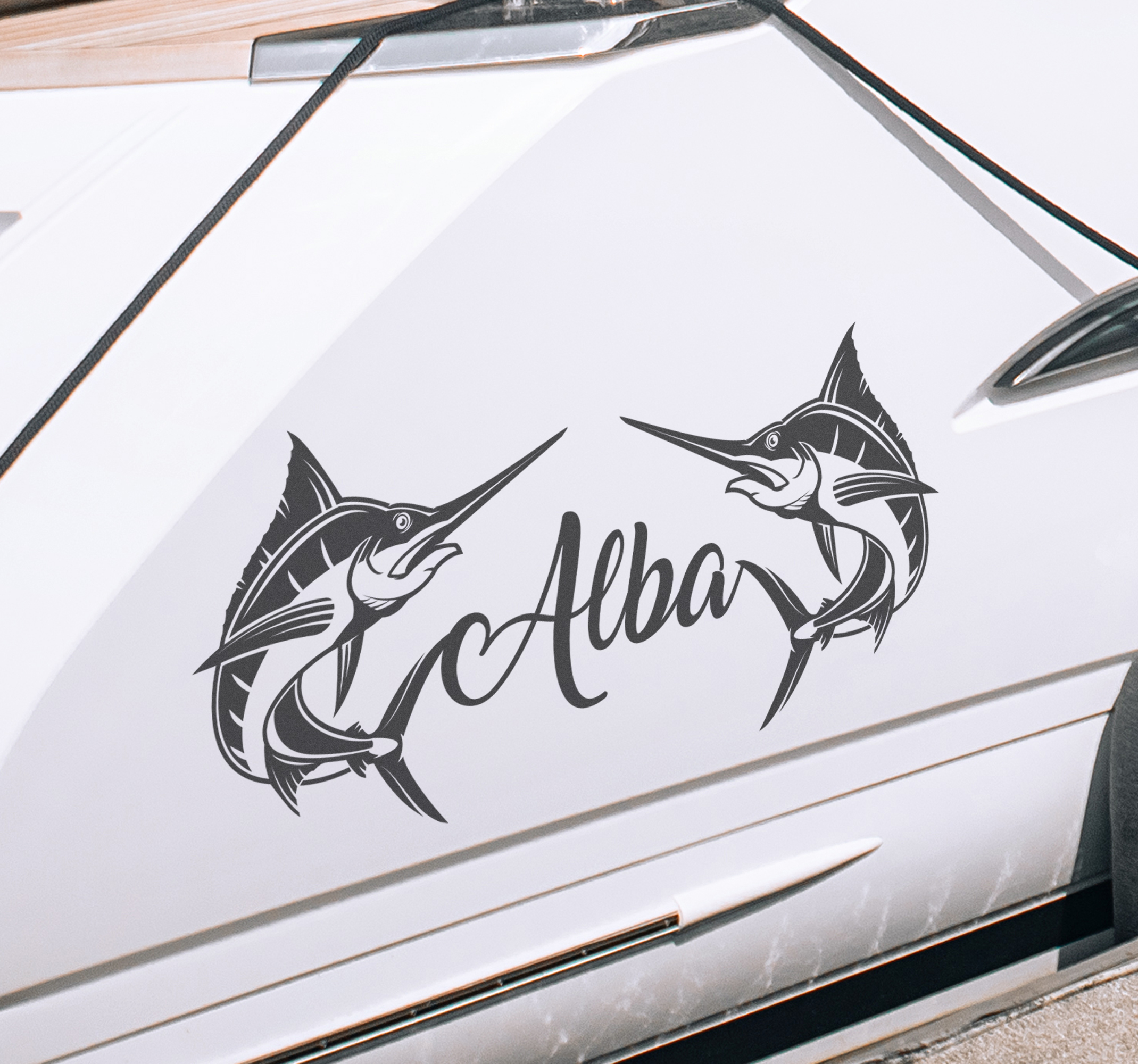 Tekststicker met zwaardvissen voor boot