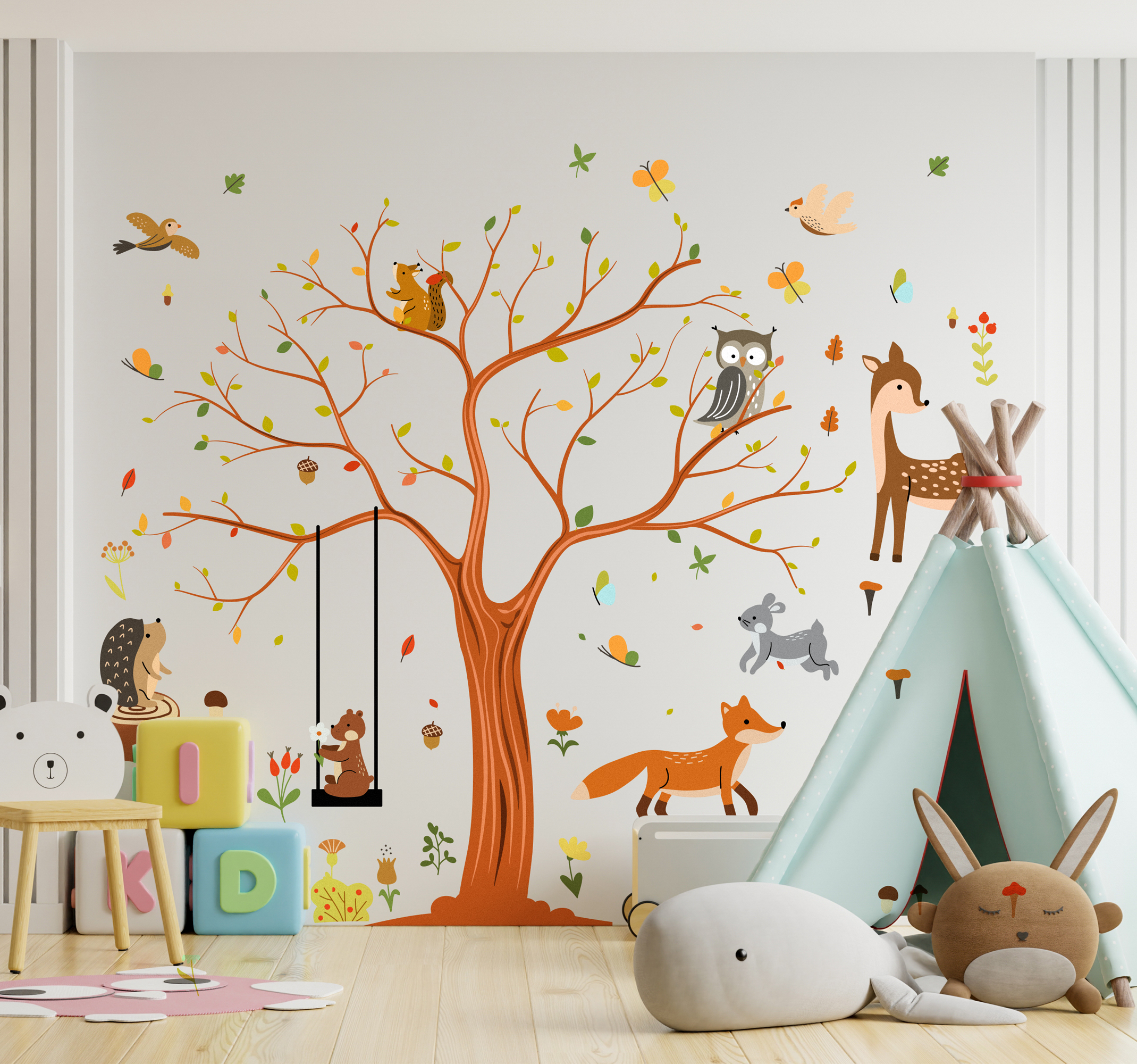 Tenstickers Herfst boom met dieren Muursticker kinderkamer