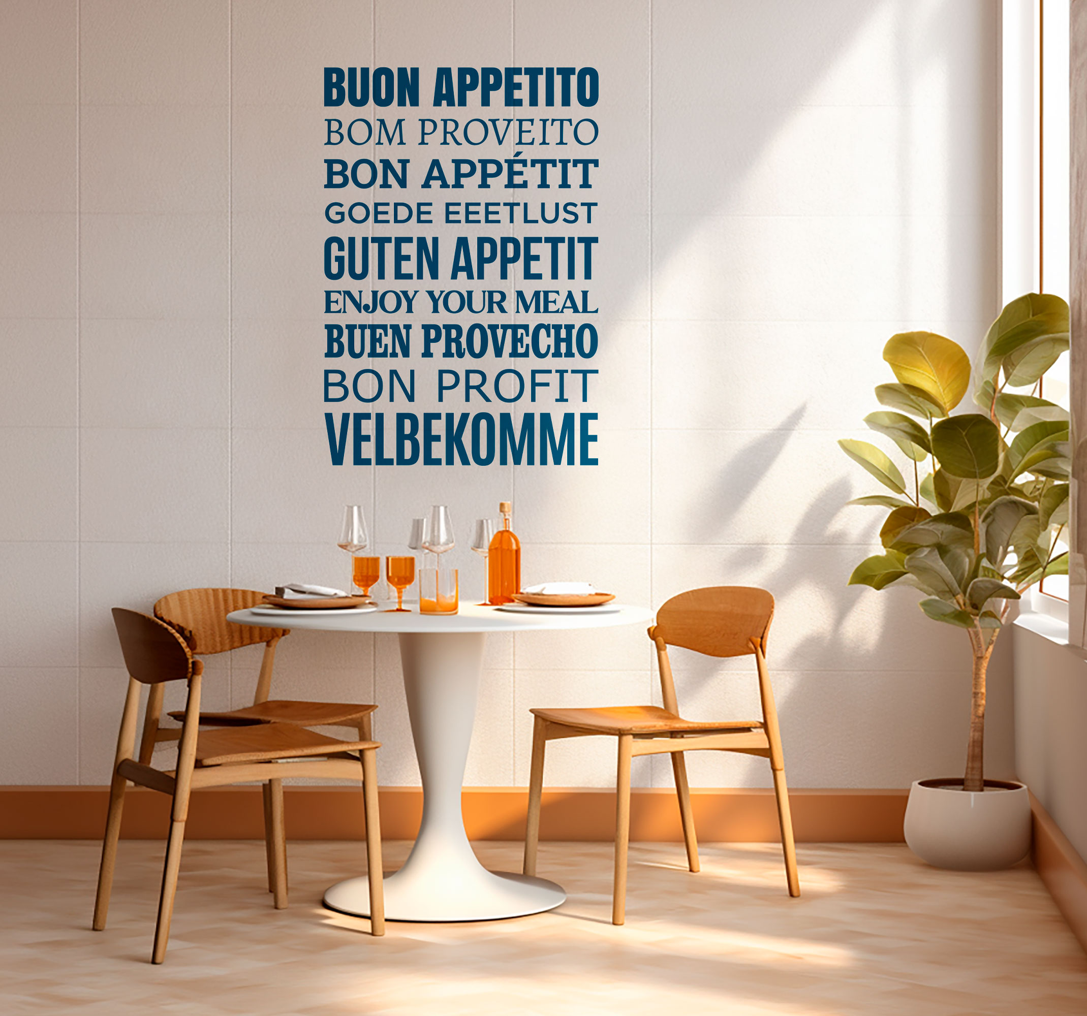 Tenstickers Blauwe muursticker smakelijk eten in talen