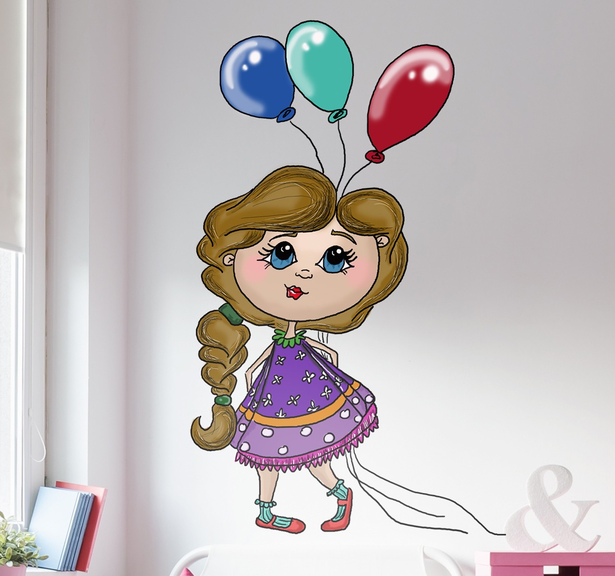 Tenstickers Muursticker Meisje met Ballonnetjes