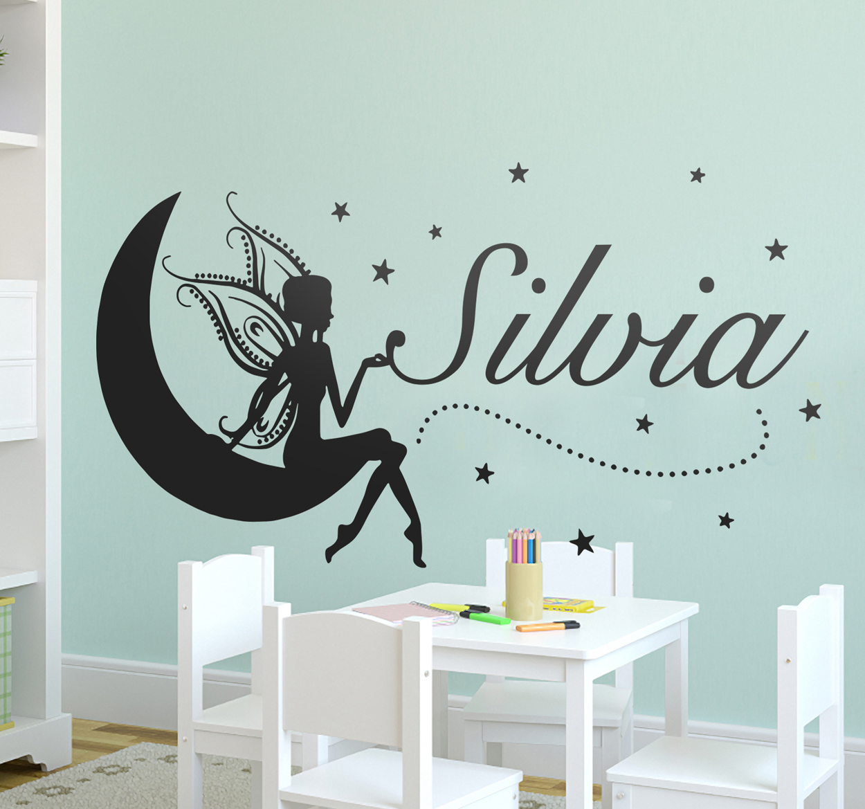Adesivo murale bambini con fata e luna personalizzabile