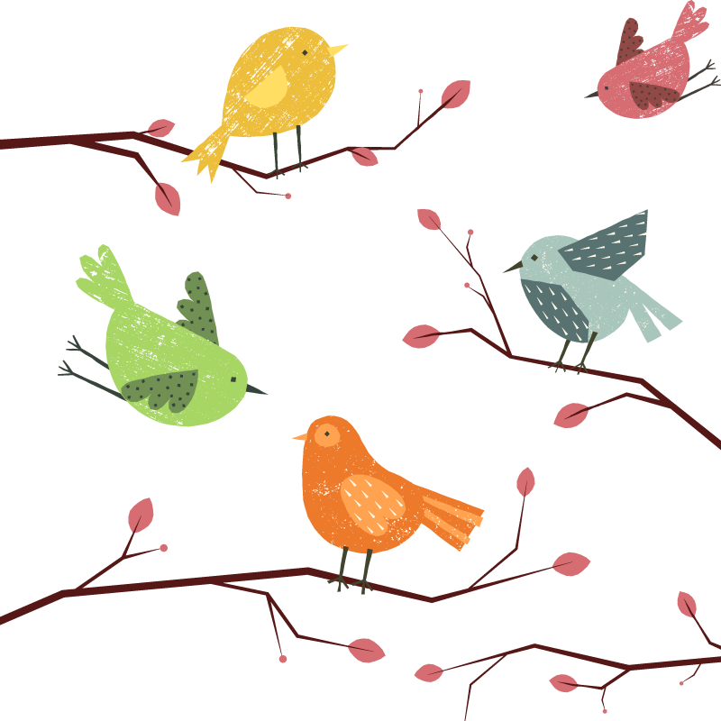 Lintuja vaaleanpunaisella oksalla ikkunatarra - Tenstickers