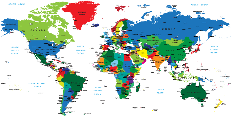 色の世界地図の壁のステッカー Tenstickers