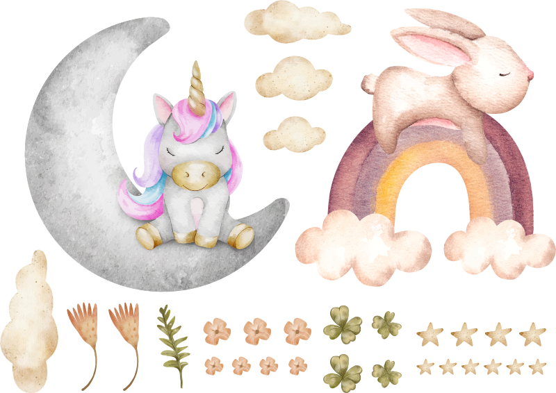 Aquarel konijn en eenhoorn meubel sticker - TenStickers