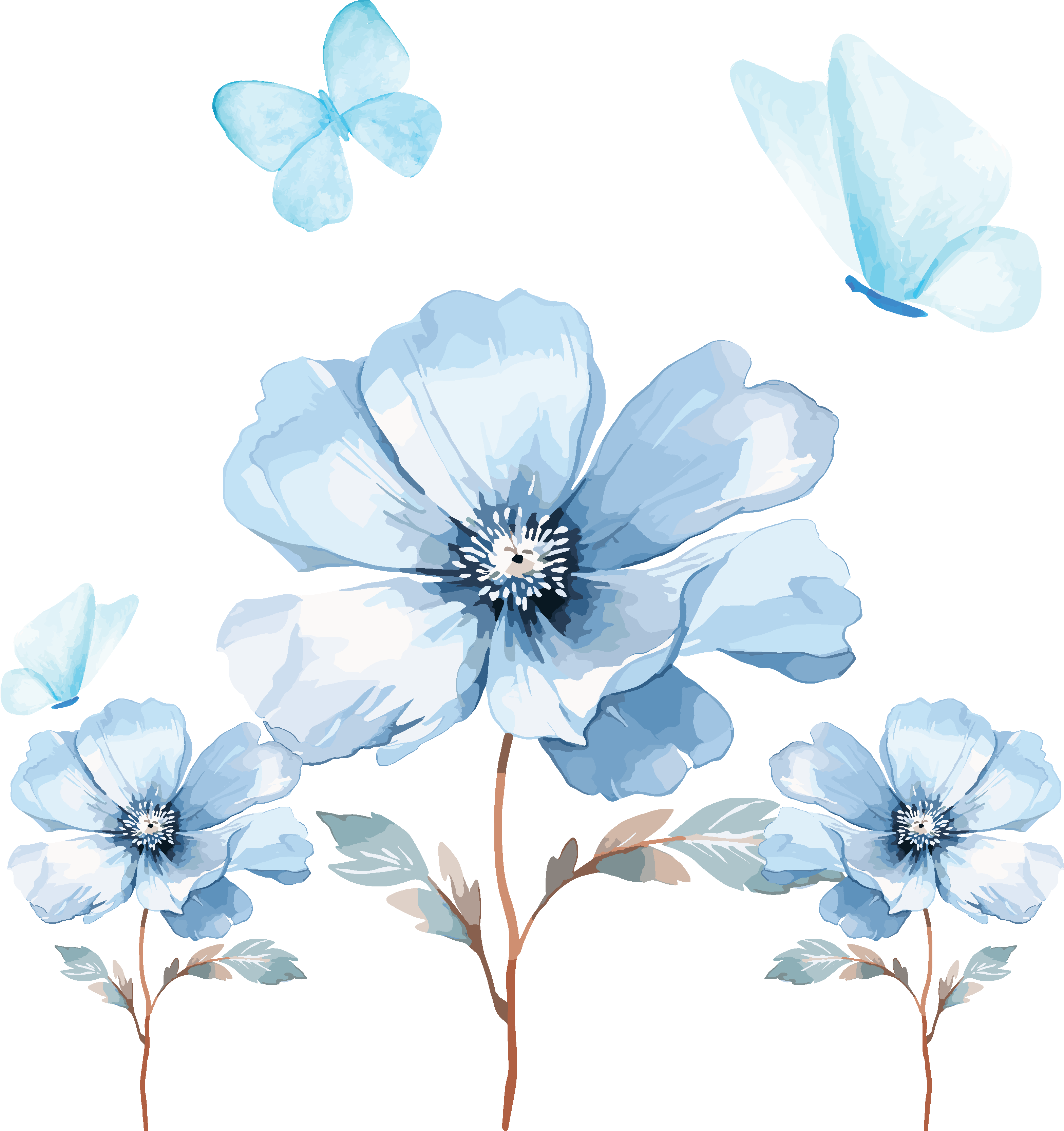 Blue poppies with butterflies wall sticker - TenStickers