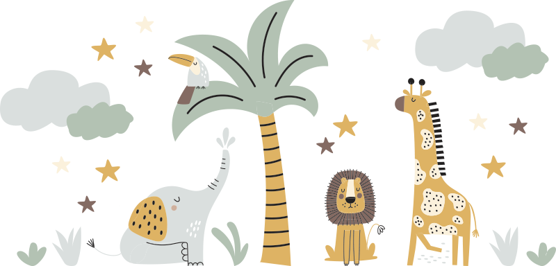Sticker chambre enfant animaux de safari et arbre - TenStickers