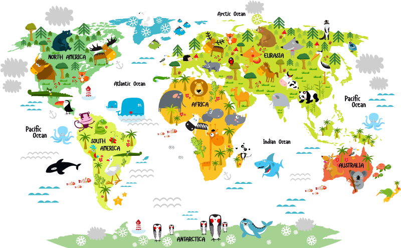 Sticker décoratif autocollant, carte du monde animaux, éducatif pour enfant  tout en couleur, 50 cm X 120 cm