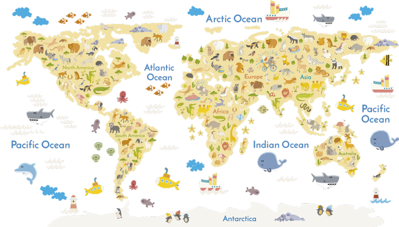 Sticker Carte Du Monde Animaux Continents Tenstickers