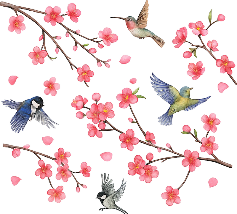 Sticker fenêtre oiseaux sur des branches avec des fleurs - TenStickers