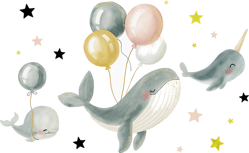 Happy whales with balloons wall mural sticker - TenStickers