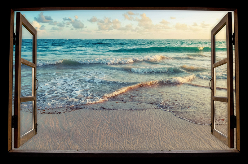 Sticker mural salon fenêtre mer trompe l'œil - TenStickers